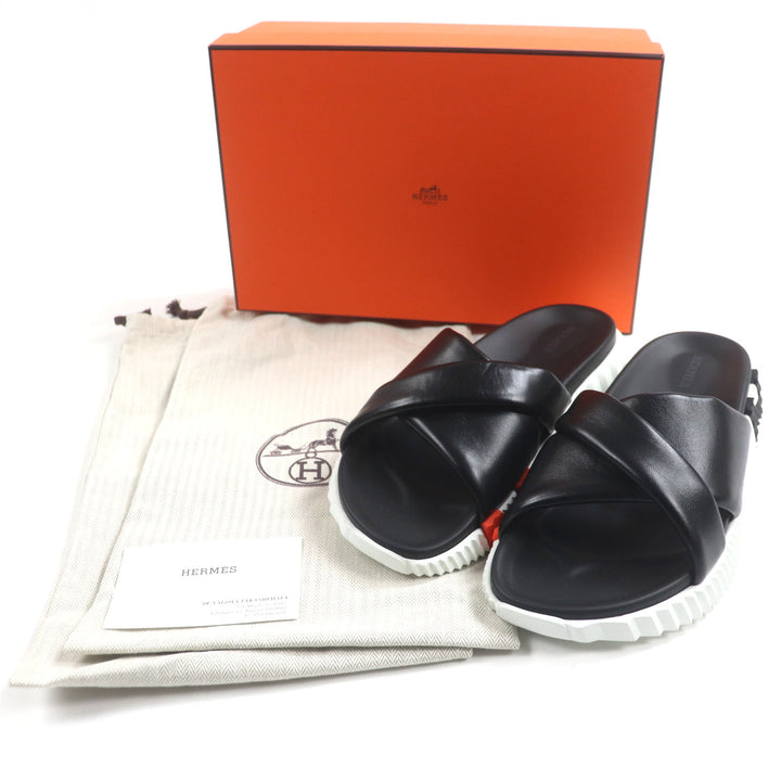 Excellent HERMES Sandals infrastructure TechnoSandal Slides black leather mens39