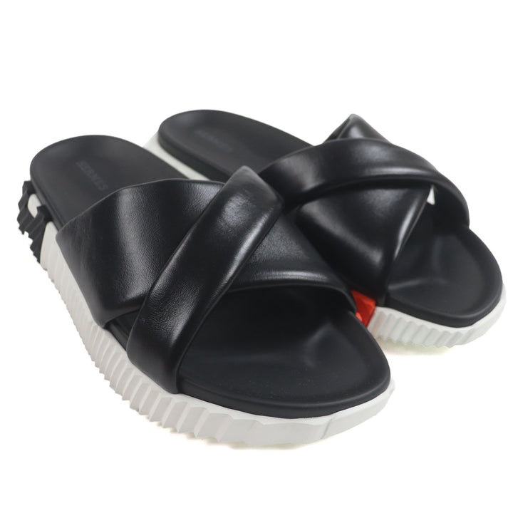 Excellent HERMES Sandals infrastructure TechnoSandal Slides black leather mens39