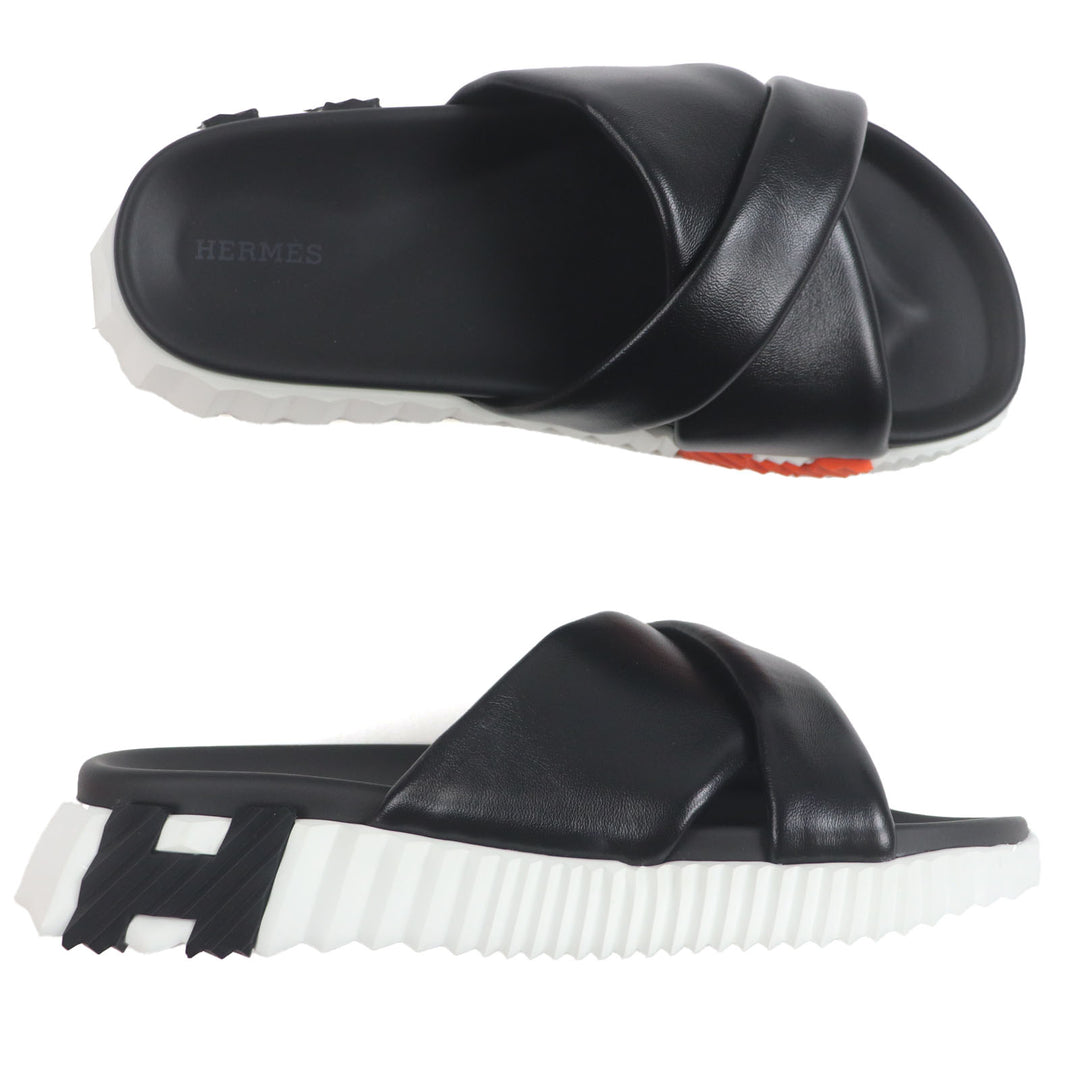 Excellent HERMES Sandals infrastructure TechnoSandal Slides black leather mens39