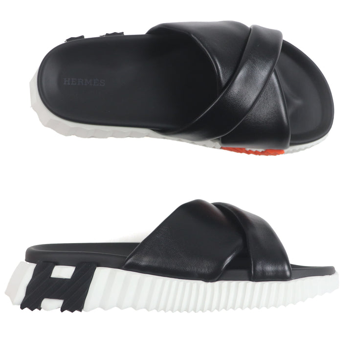 Excellent HERMES Sandals infrastructure TechnoSandal Slides black leather mens39