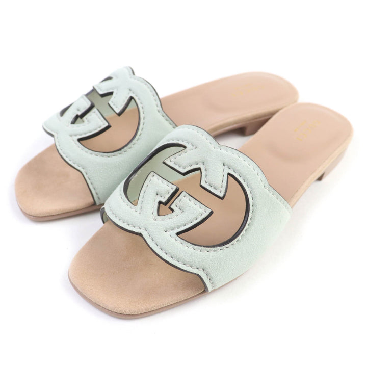 Pristine GUCCI Sandals Interlocking G Suede Leather Mint green Women 36