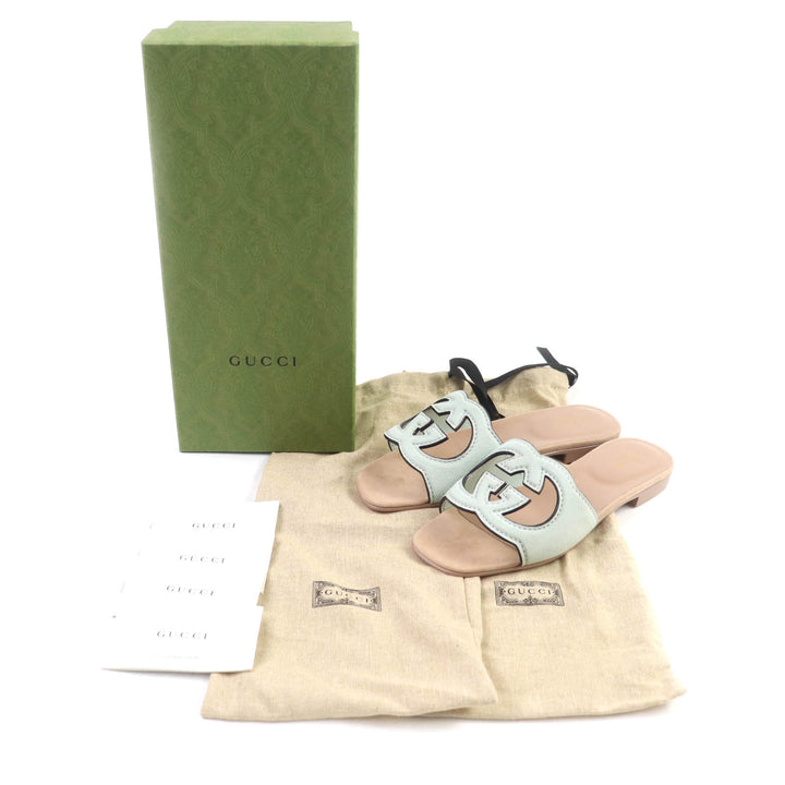 Pristine GUCCI Sandals Interlocking G Suede Leather Mint green Women 36
