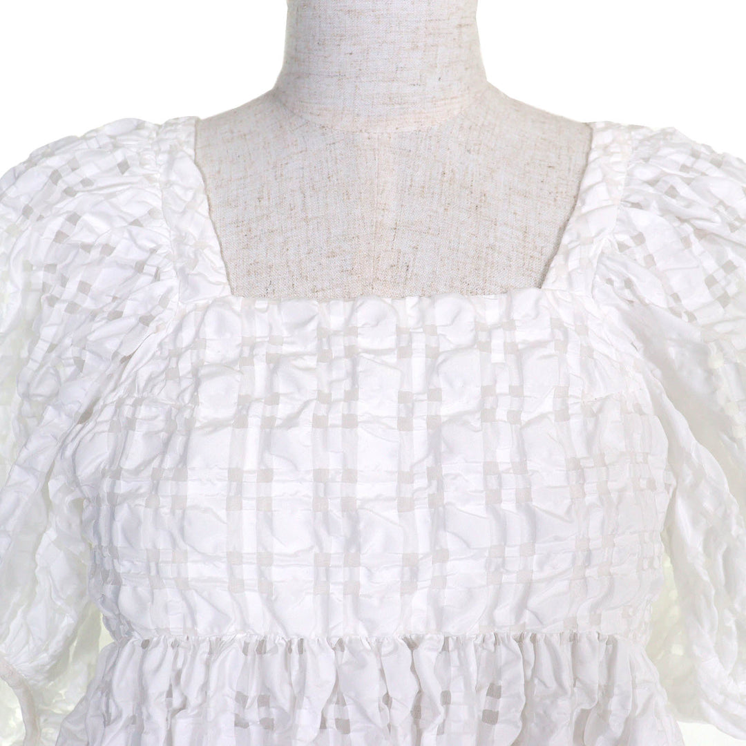 素晴らしい CECILIE BAHNSEN ブラウス VEGTA BLOUSE チェック柄 パフスリーブ フレア ホワイト J05DL0103