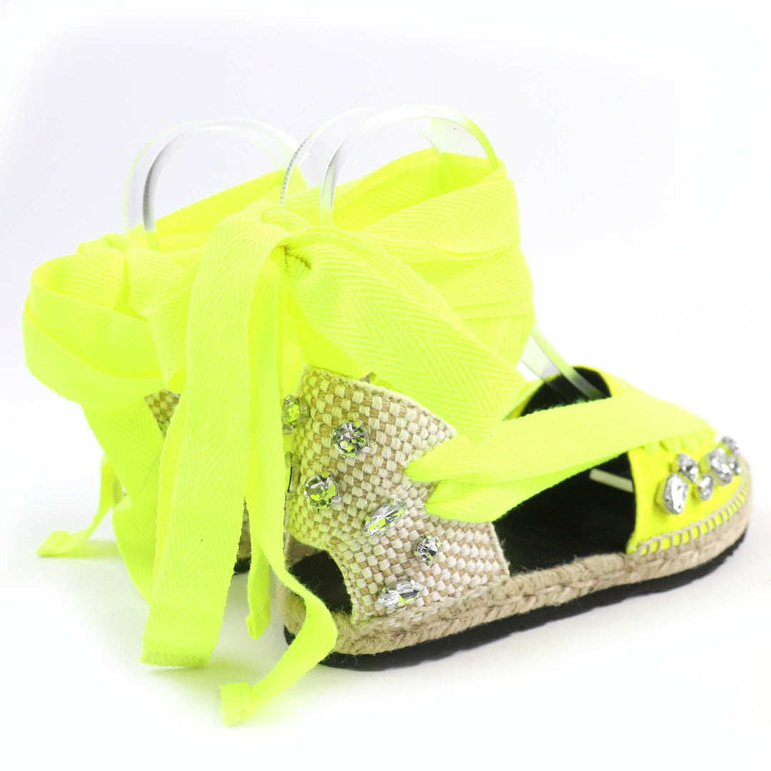 Pristine LOEWE Sandals Lace-up espadrilles with jewels Neon yellow Jute Women 36