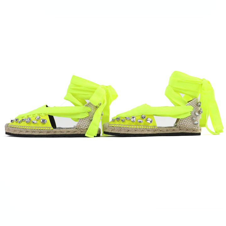 Pristine LOEWE Sandals Lace-up espadrilles with jewels Neon yellow Jute Women 36