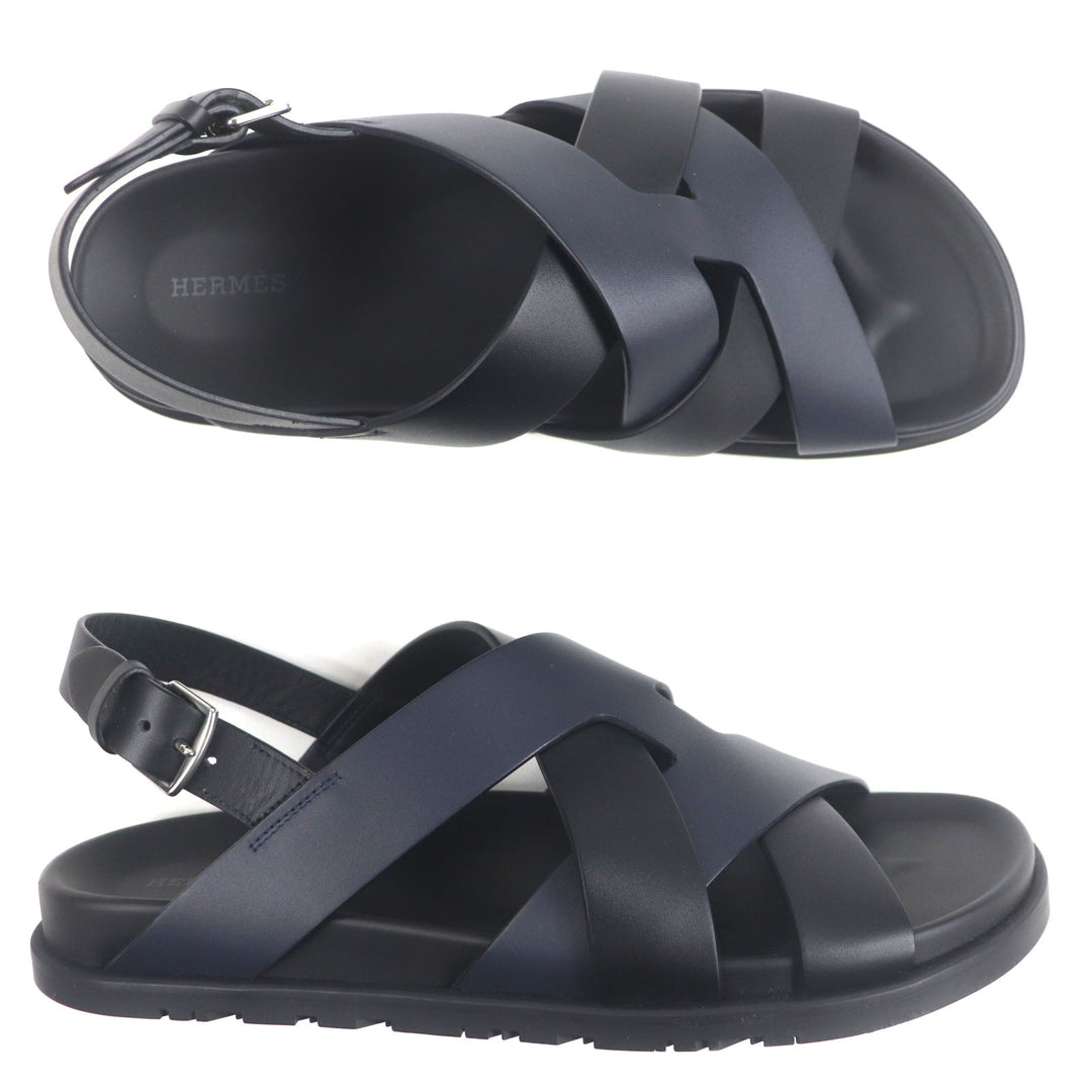 Pristine HERMES Sandals Hercules Black navy leather mens 44