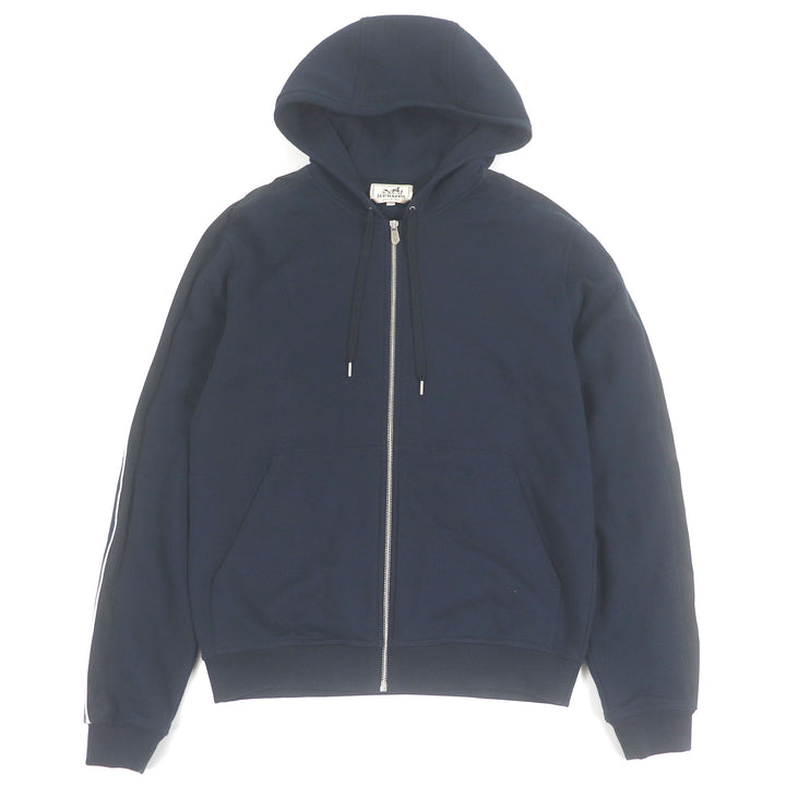 Excellent HERMES hoodie Run H fleece lining, H logo zip Navy cotton mens S