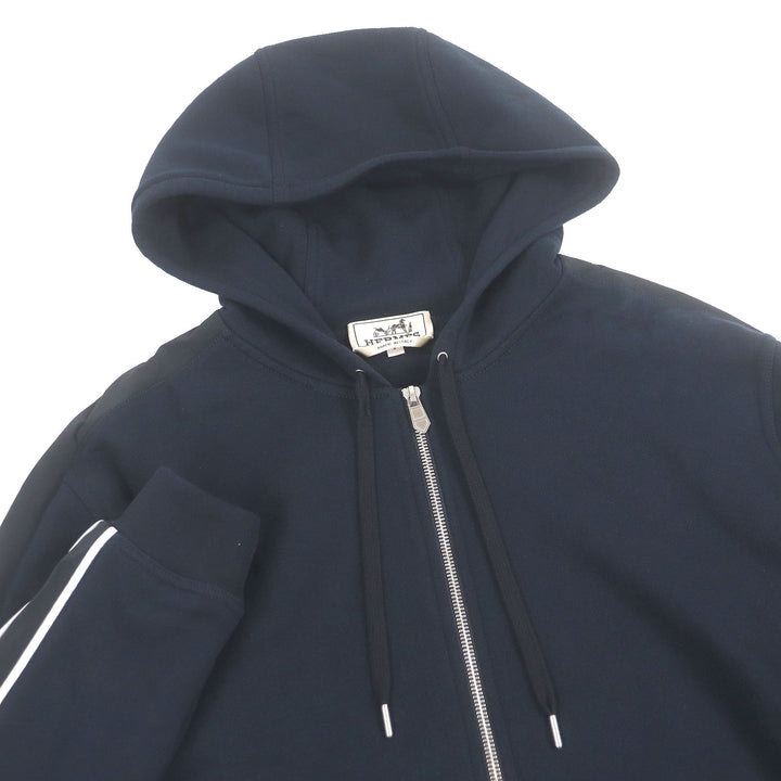 Excellent HERMES hoodie Run H fleece lining, H logo zip Navy cotton mens S