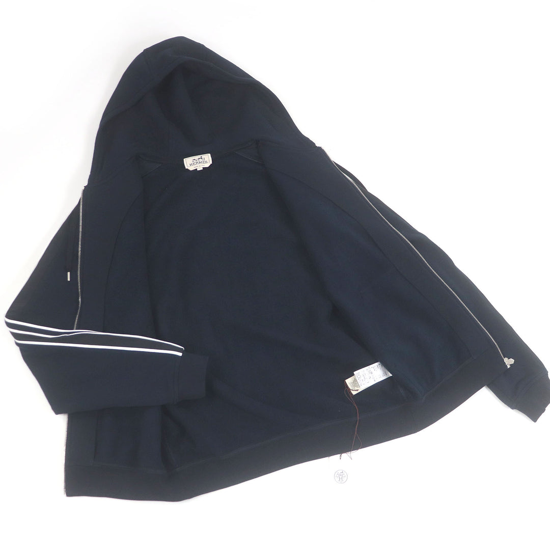 Excellent HERMES hoodie Run H fleece lining, H logo zip Navy cotton mens S