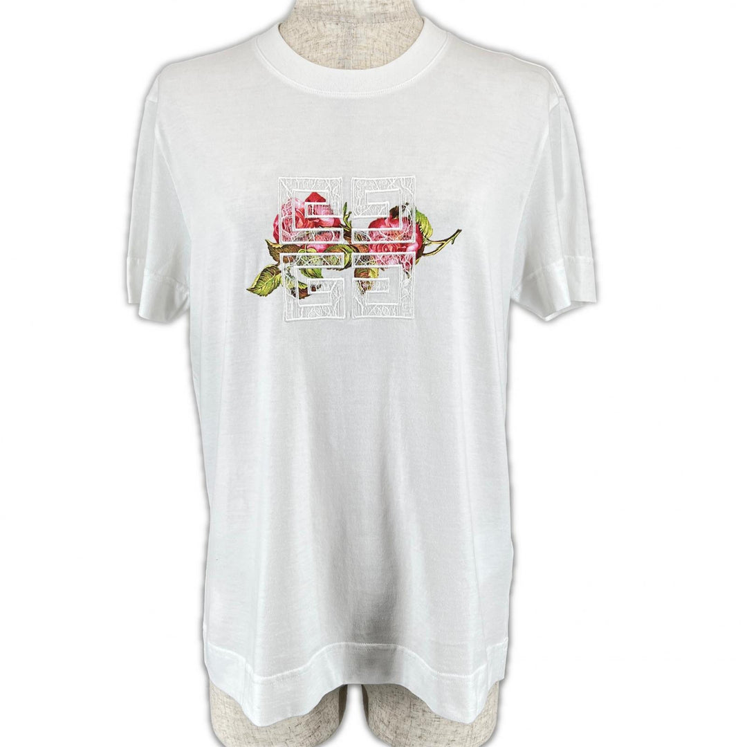 素晴らしい GIVENCHY 半袖Tシャツ クルーネック 花柄 ホワイト コットン レディース S BW70AS3YP7
