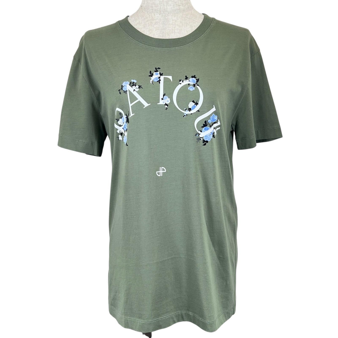 素晴らしいPATOU半袖Tシャツオーガニックコットン花柄ロゴグリーンコットンレディースXS