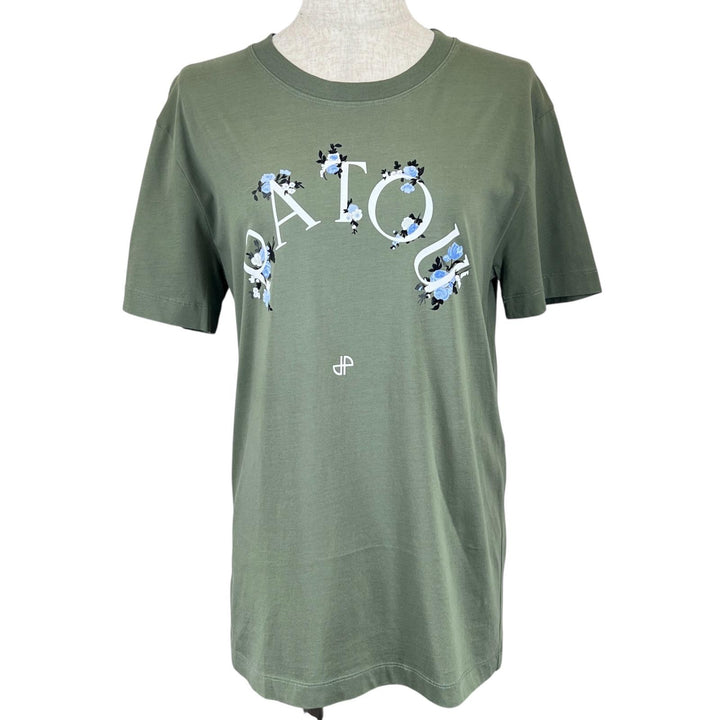 素晴らしいPATOU半袖Tシャツオーガニックコットン花柄ロゴグリーンコットンレディースXS