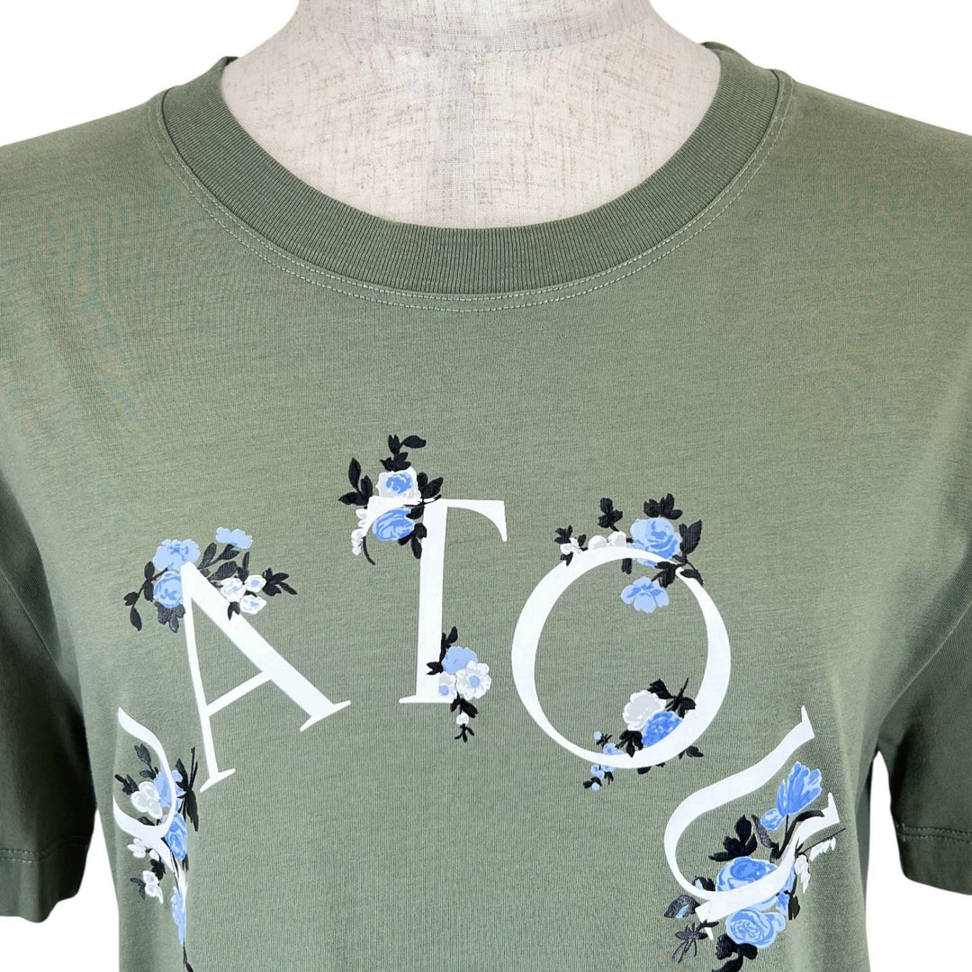 素晴らしいPATOU半袖Tシャツオーガニックコットン花柄ロゴグリーンコットンレディースXS