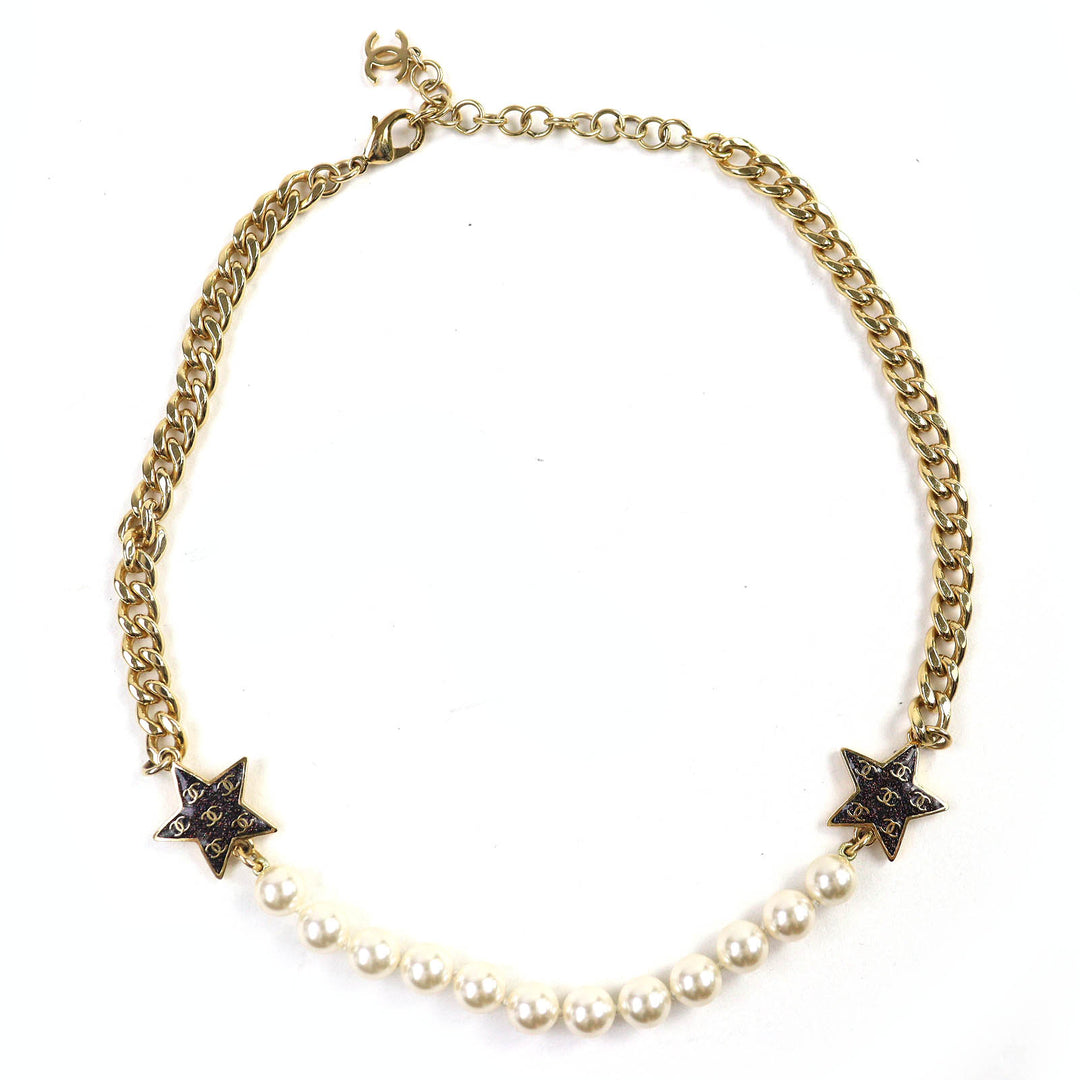 Great CHANEL Necklace COCO Mark Star Lame Pearl Choker Gold white Women C24C