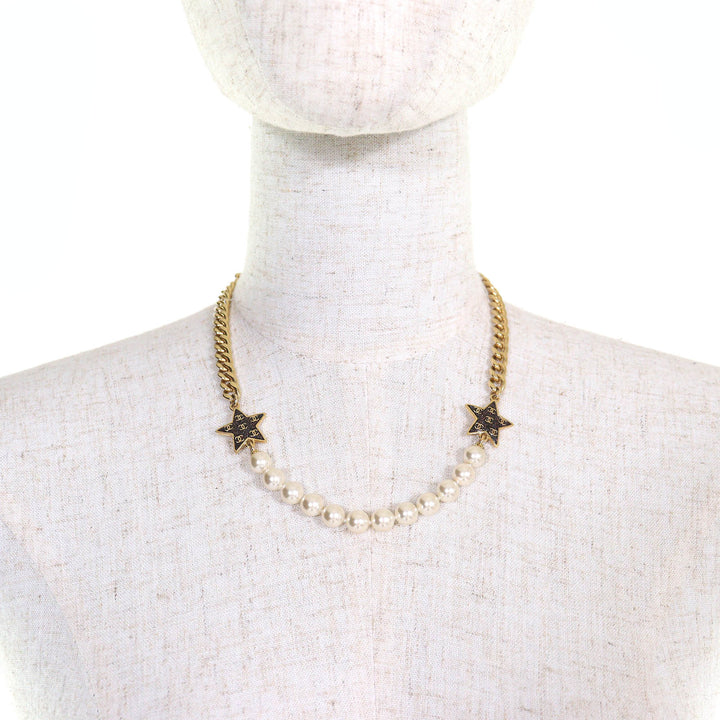 Great CHANEL Necklace COCO Mark Star Lame Pearl Choker Gold white Women C24C
