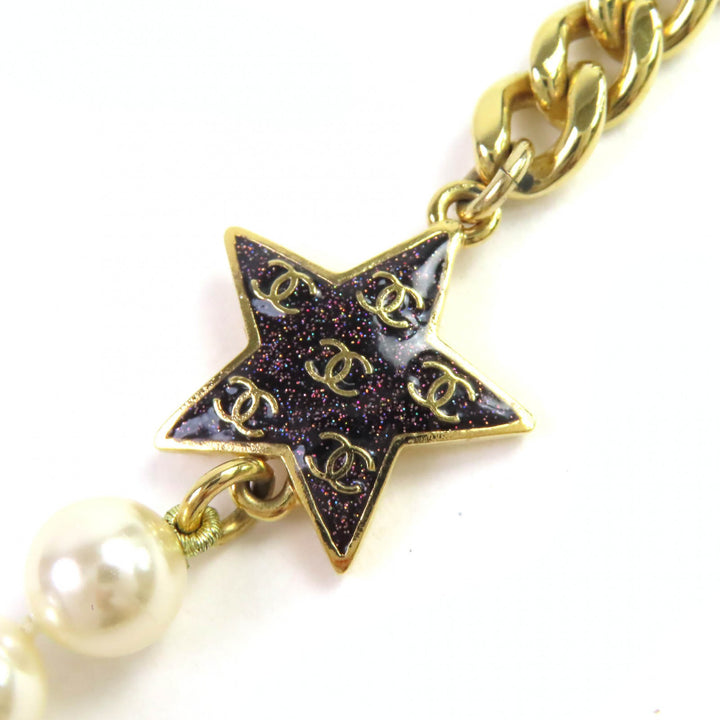 Great CHANEL Necklace COCO Mark Star Lame Pearl Choker Gold white Women C24C