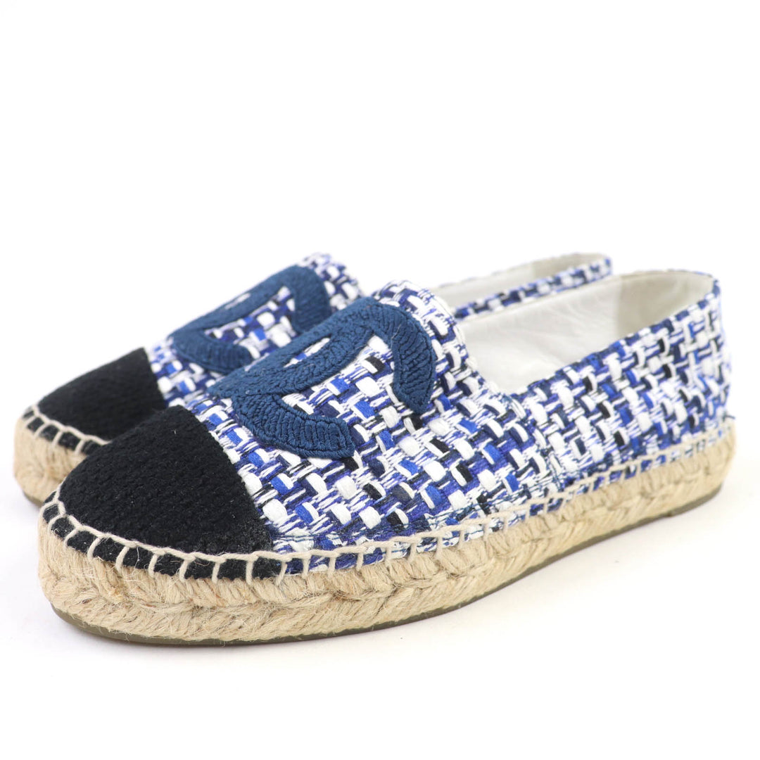 Great CHANEL Leather shoes COCO Mark Tweed Espadrilles blue Women 35 G34546