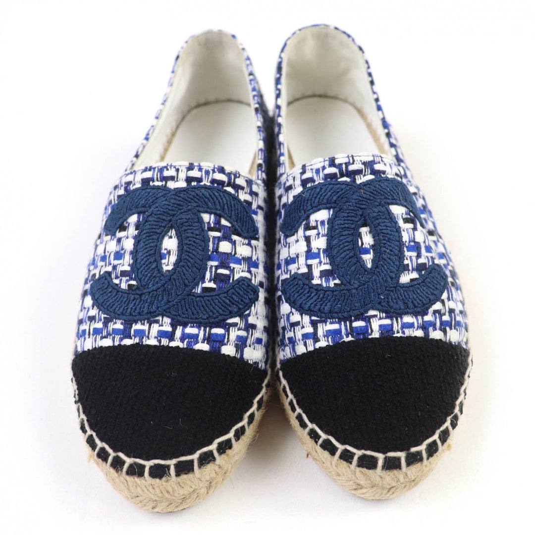 Great CHANEL Leather shoes COCO Mark Tweed Espadrilles blue Women 35 G34546