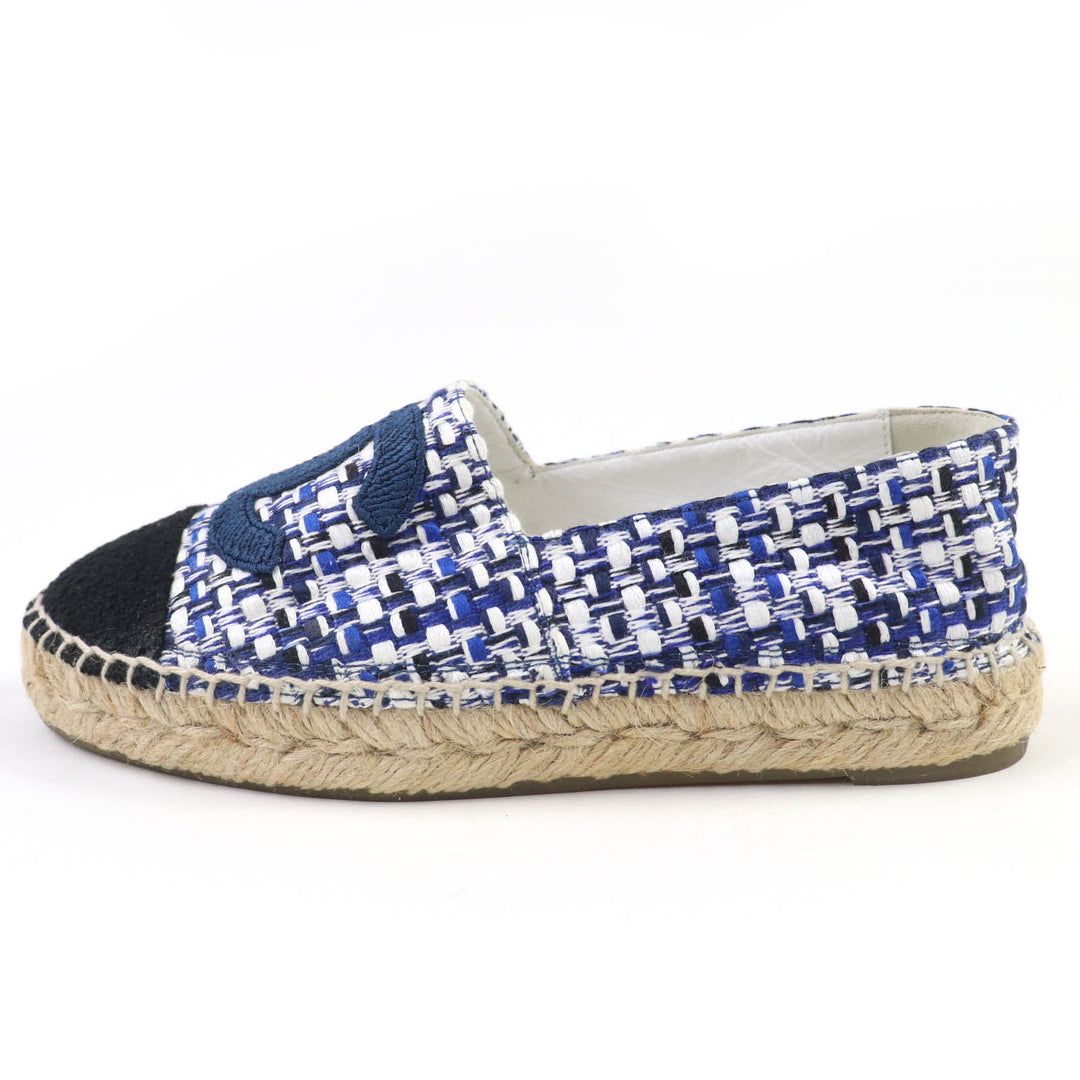 Great CHANEL Leather shoes COCO Mark Tweed Espadrilles blue Women 35 G34546