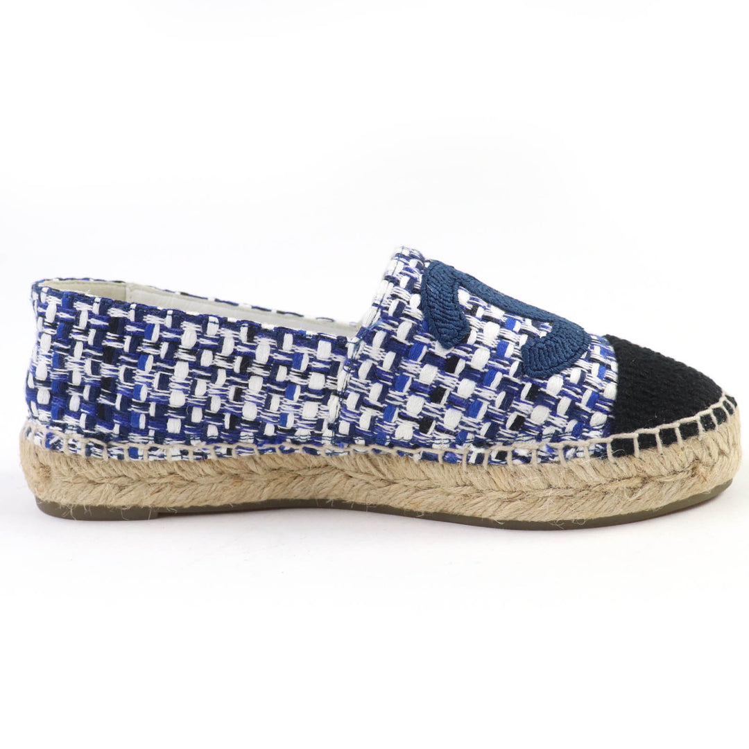 Great CHANEL Leather shoes COCO Mark Tweed Espadrilles blue Women 35 G34546
