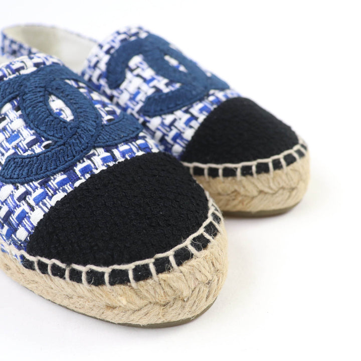 Great CHANEL Leather shoes COCO Mark Tweed Espadrilles blue Women 35 G34546