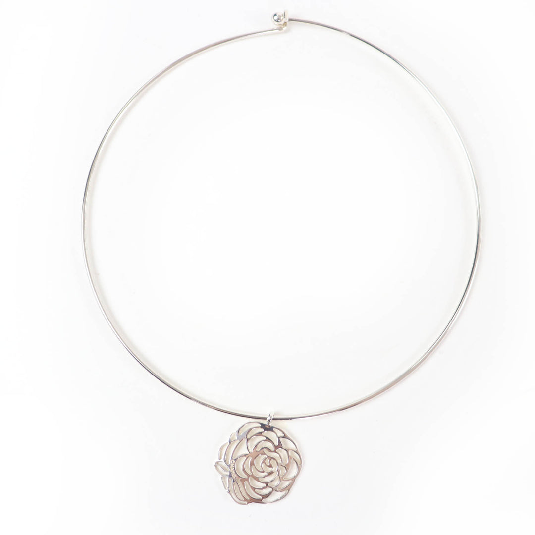 Excellent CHANEL Necklace Camellia logo choker Silver 925 Women