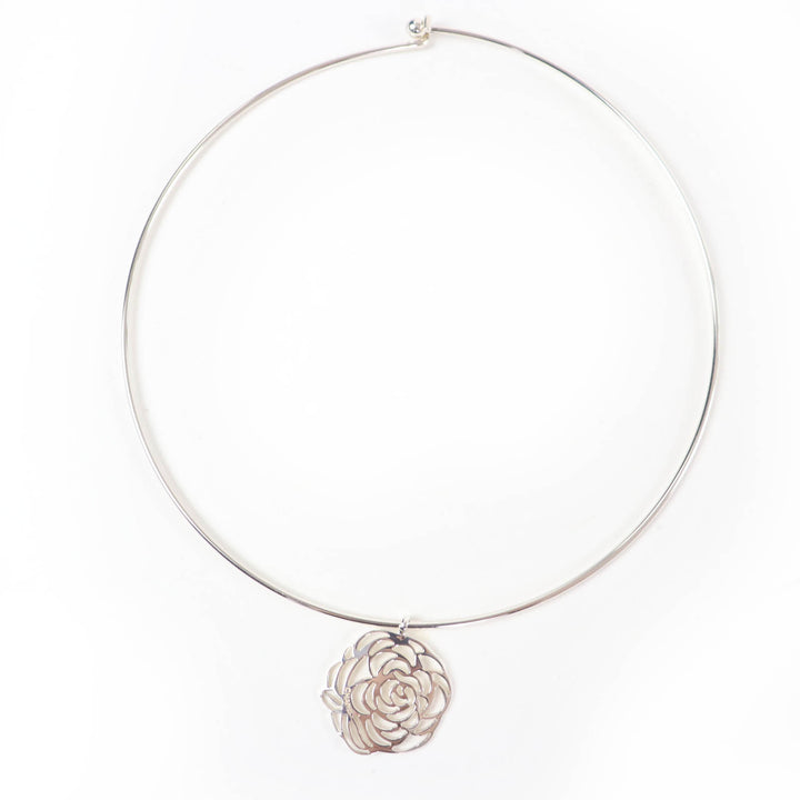 Excellent CHANEL Necklace Camellia logo choker Silver 925 Women