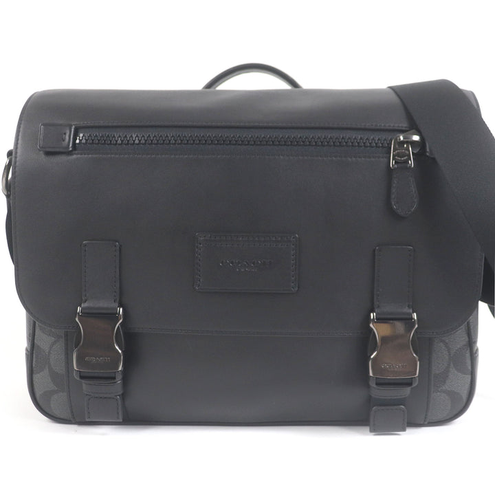 素晴らしいCOACHショルダーバッグシグネチャートラックメッセンジャーバッグブラックレザーメンズC2793