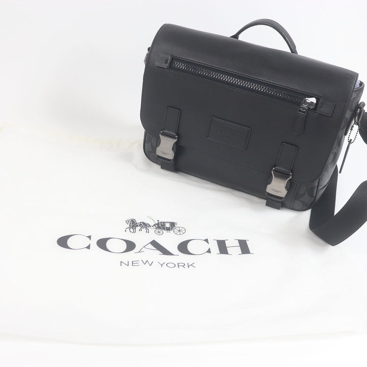 素晴らしいCOACHショルダーバッグシグネチャートラックメッセンジャーバッグブラックレザーメンズC2793