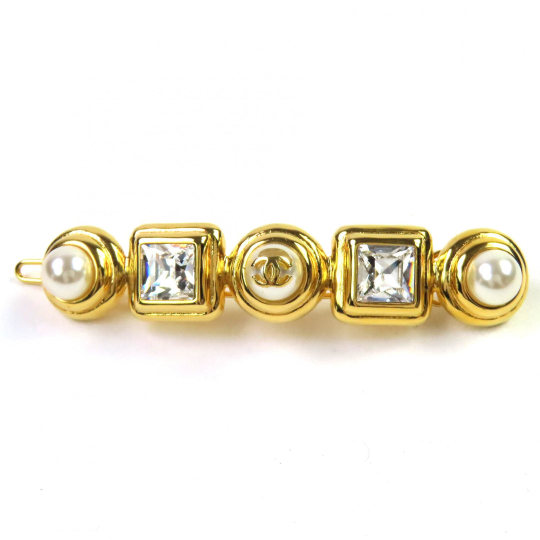Excellent CHANEL hair accessory COCOMark Pearl Jewel Barrette HairClip gold B20K