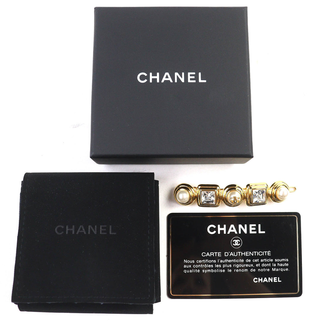 Excellent CHANEL hair accessory COCOMark Pearl Jewel Barrette HairClip gold B20K