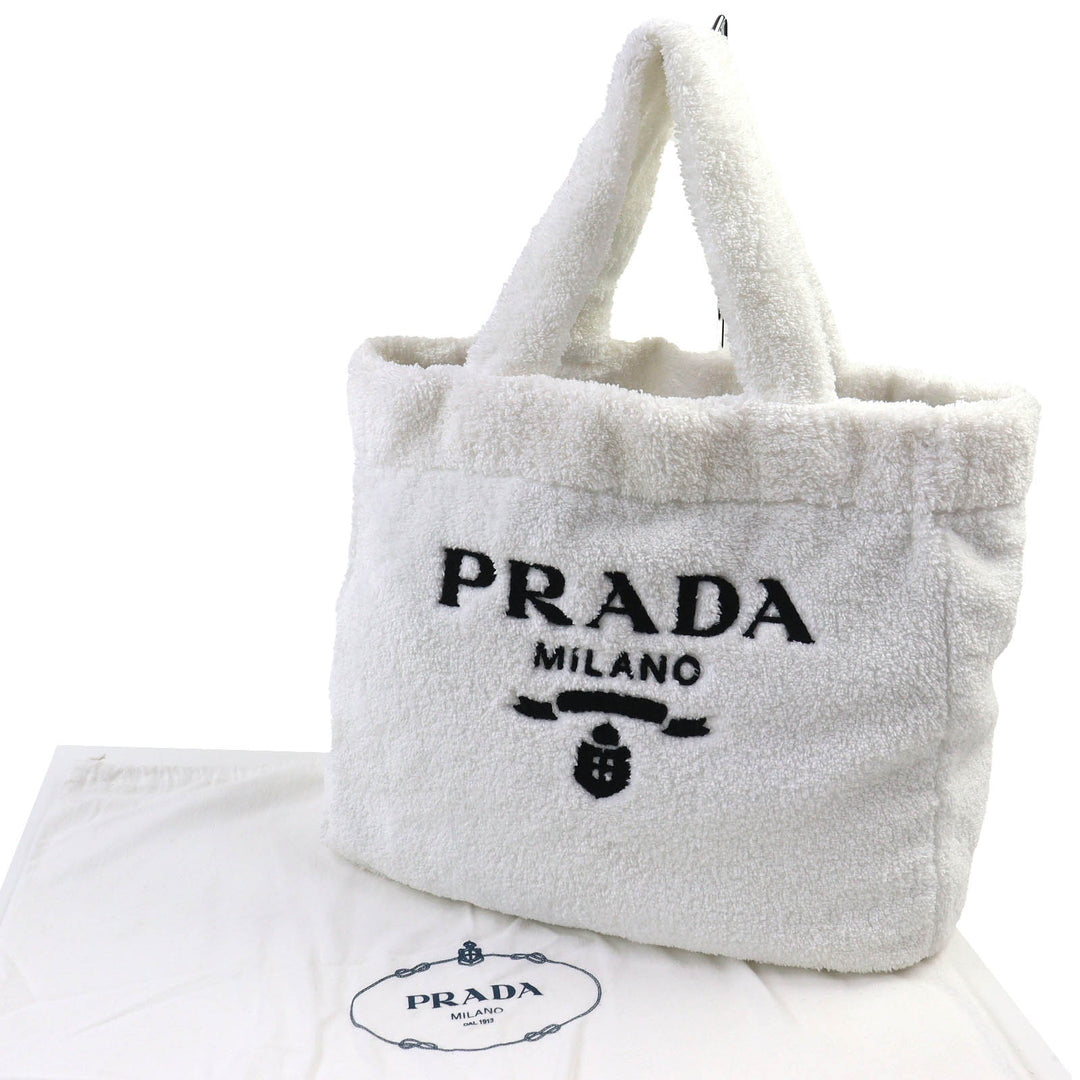 Great PRADA Tote Bag SPUGNA Triangle logo Soft terry Lettering Logo Pile 1BG130