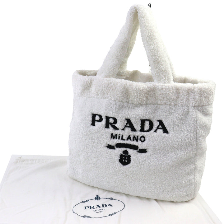 Great PRADA Tote Bag SPUGNA Triangle logo Soft terry Lettering Logo Pile 1BG130