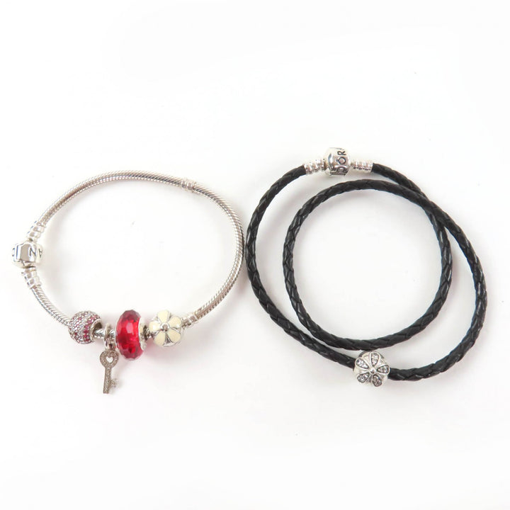 Great PANDORA Bracelet Leather double bracelet set of 2 Silver black 925 Women