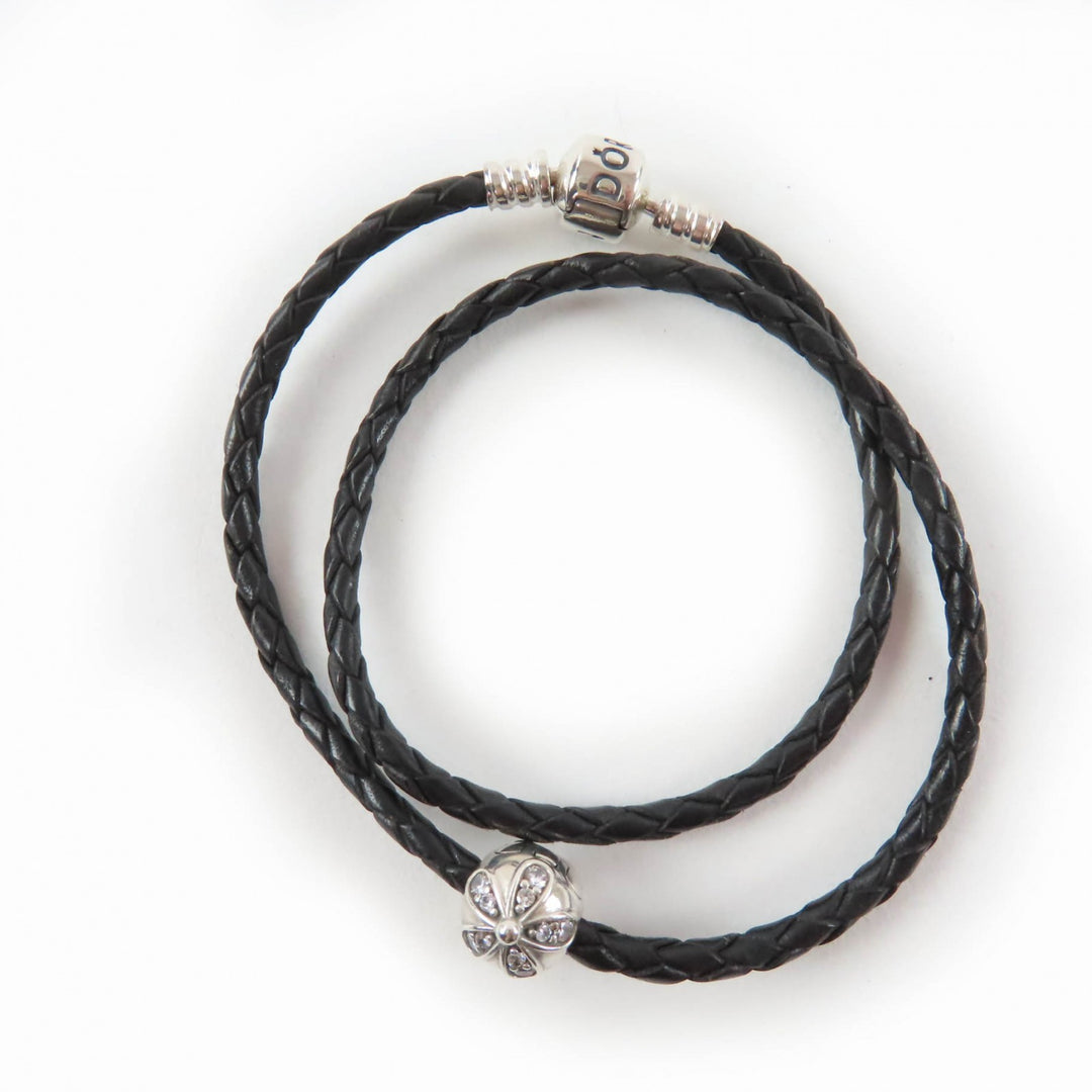 Great PANDORA Bracelet Leather double bracelet set of 2 Silver black 925 Women