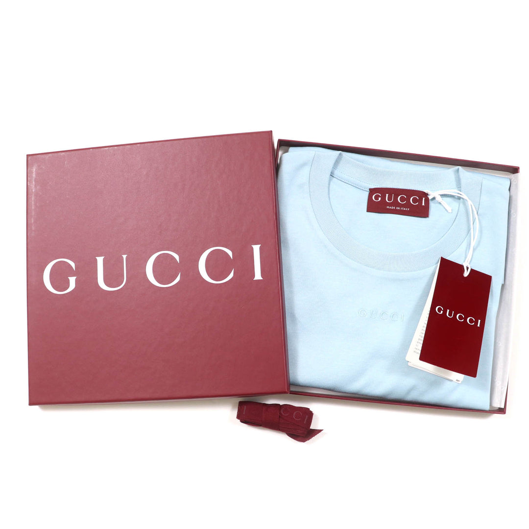 新品 GUCCI Tシャツ ロゴ刺繍 ライトブルー コットン レディース M 837965