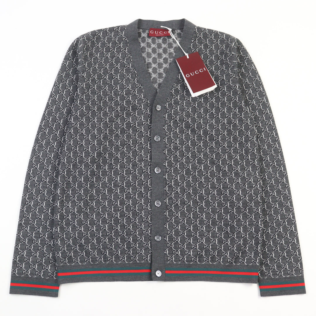 新品 GUCCI カーディガン シルク混 GGジャカード グレー ウール メンズ S 801702