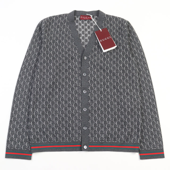 新品 GUCCI カーディガン シルク混 GGジャカード グレー ウール メンズ S 801702