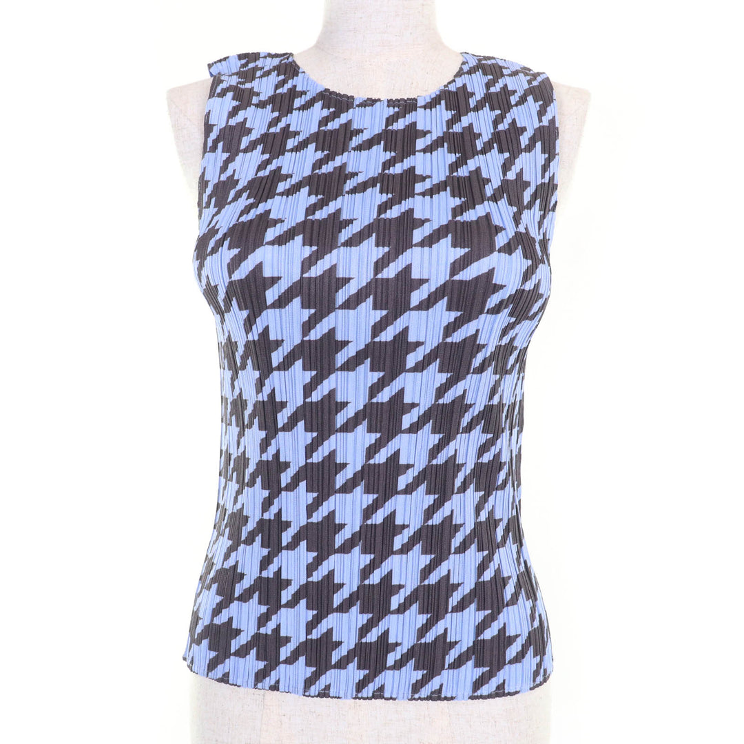 PLEATS PLEASE トップス 千鳥格子柄 ノースリーブトップ ブルー レディース 4 PP41-JK616
