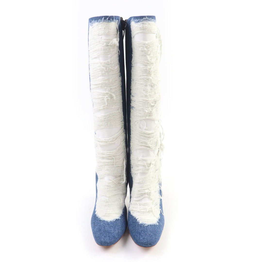 Excellent LOEWE Knee-high boots Ripped Denim Indigo denim Women 36 L815285X36