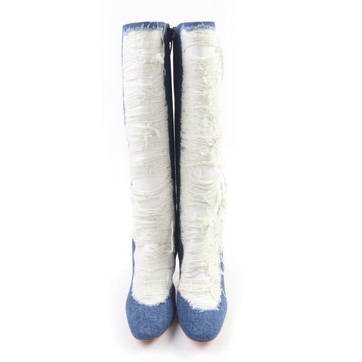 Excellent LOEWE Knee-high boots Ripped Denim Indigo denim Women 36 L815285X36