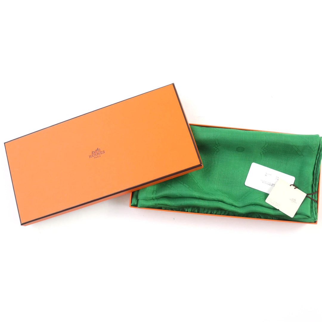 新品 HERMES スカーフ SELLIER フリンジ付き 大判ショール ストール グリーン カシミア レディース