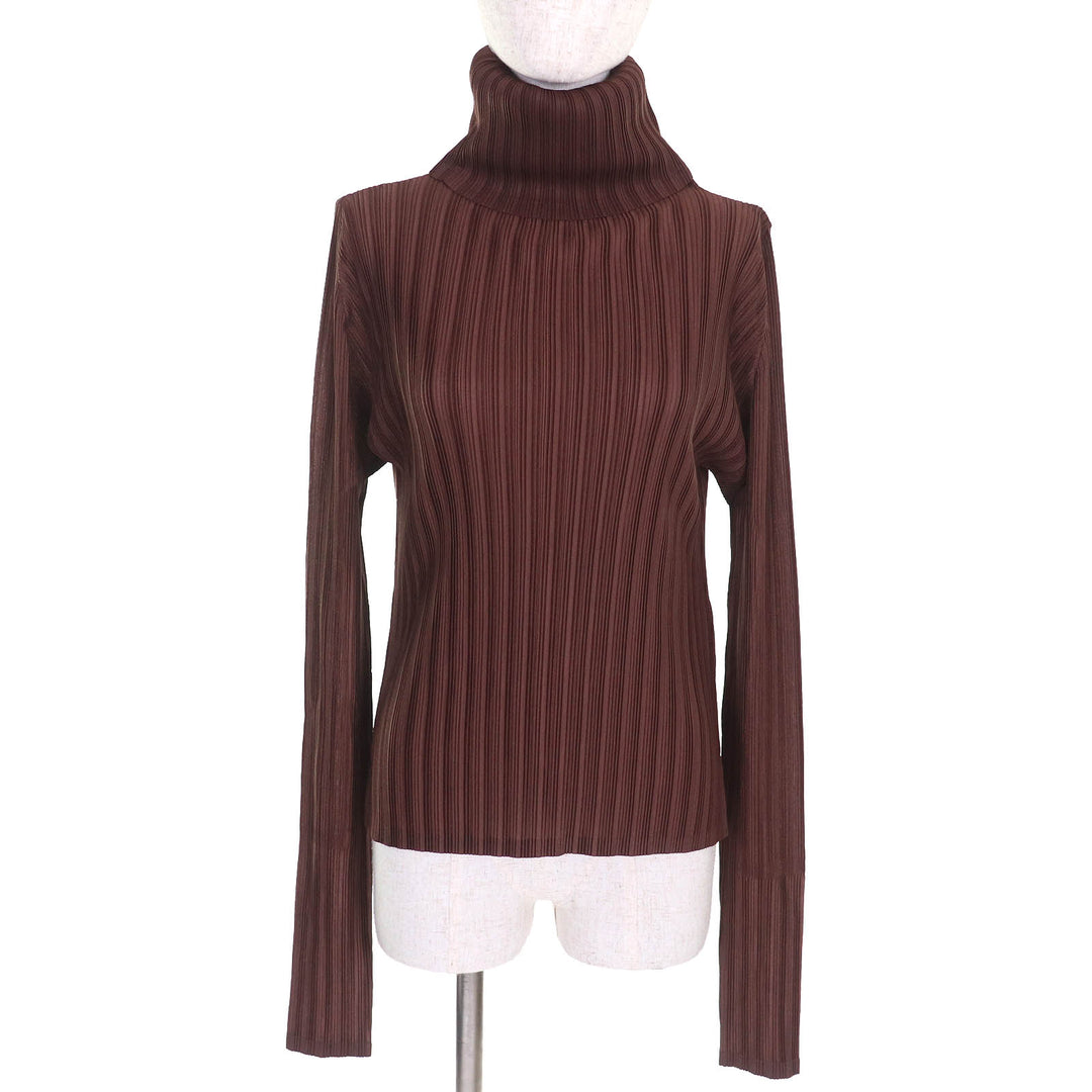 素晴らしい PLEATS PLEASE トップス タートルネック 長袖 ブラウン ポリエステル レディース 3