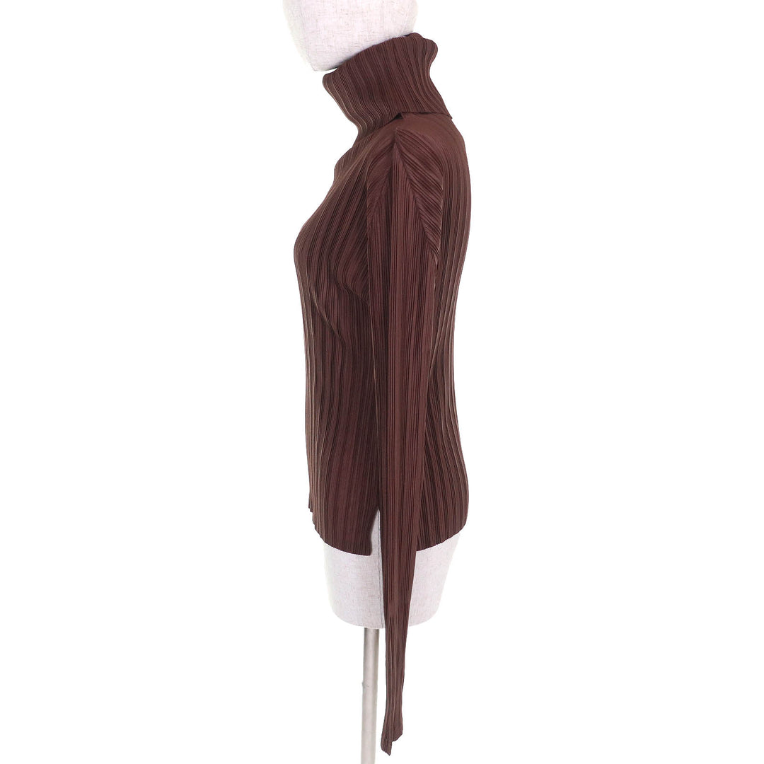 素晴らしい PLEATS PLEASE トップス タートルネック 長袖 ブラウン ポリエステル レディース 3