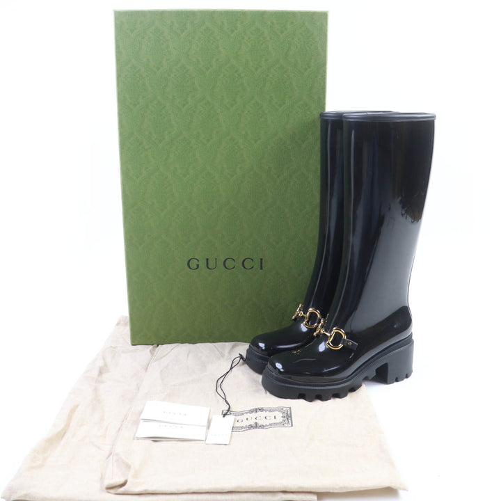 優れた GUCCI レインシューズ ホースビット ラバー ロングブーツ ブラック ラバー レディース 36 659707