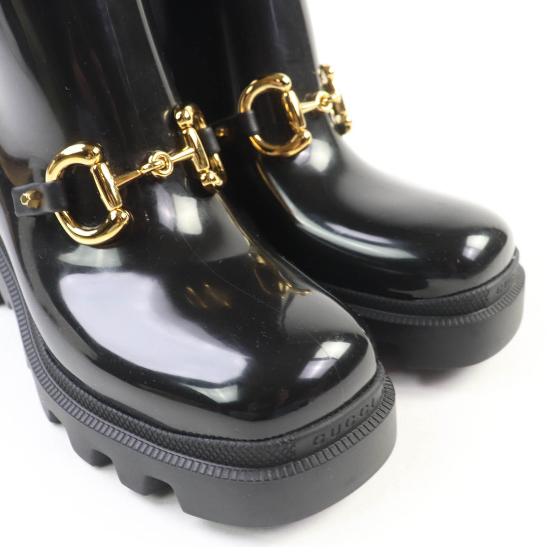 優れた GUCCI レインシューズ ホースビット ラバー ロングブーツ ブラック ラバー レディース 36 659707