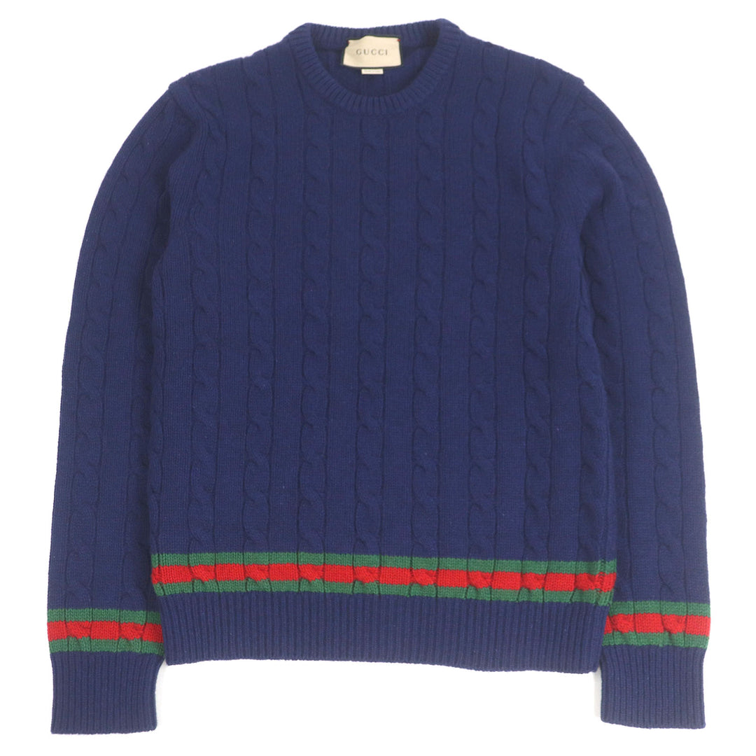 Excellent GUCCI sweater Web line crew neck cable knit Navy cashmere mens M