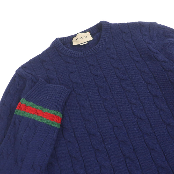 Excellent GUCCI sweater Web line crew neck cable knit Navy cashmere mens M