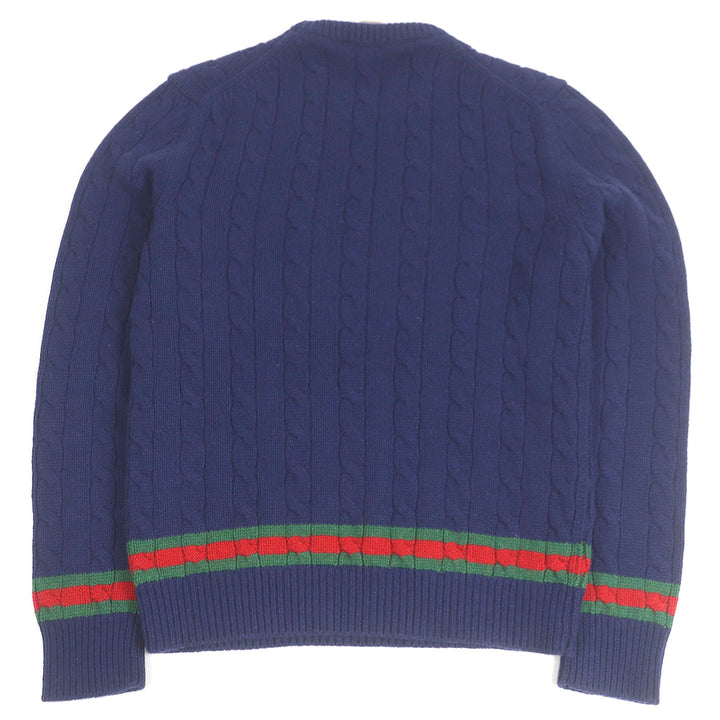 Excellent GUCCI sweater Web line crew neck cable knit Navy cashmere mens M