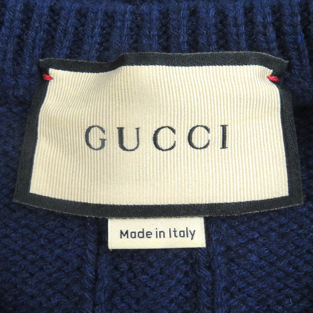 Excellent GUCCI sweater Web line crew neck cable knit Navy cashmere mens M